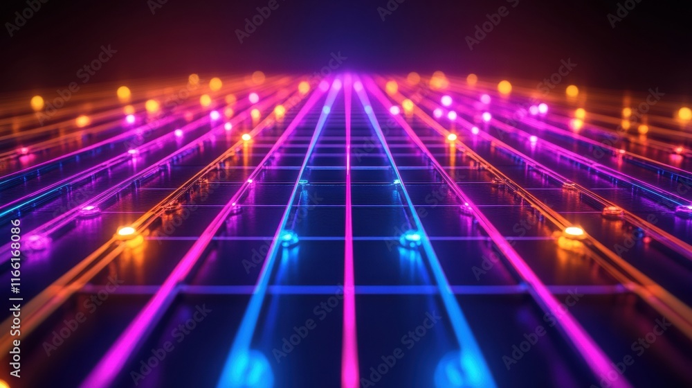 Leinwandbilder Colorful neon lines create a vibrant 3D grid pattern in dark space showcasing light reflections and depth. Generative AI