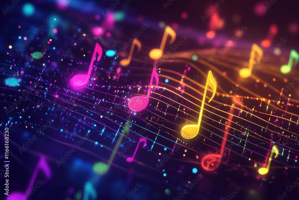 Aufkleber colorful abstract representation of musical notes flowing through a vibrant digital landscape during