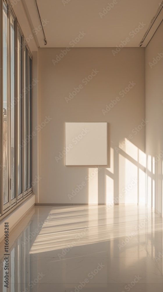 Poster modern interior with empty canvas and sunlight streaming through large windows in a minimalist space