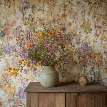 Fototapeta Wildflower bouquet in vase against floral wallpaper