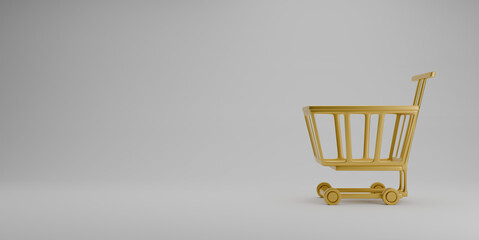 golden shopping cart 3D render isolated on white background