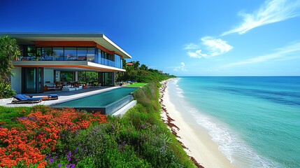 Fototapeta premium Modern beachfront house with infinity pool, ocean view, and lush landscaping. (1)