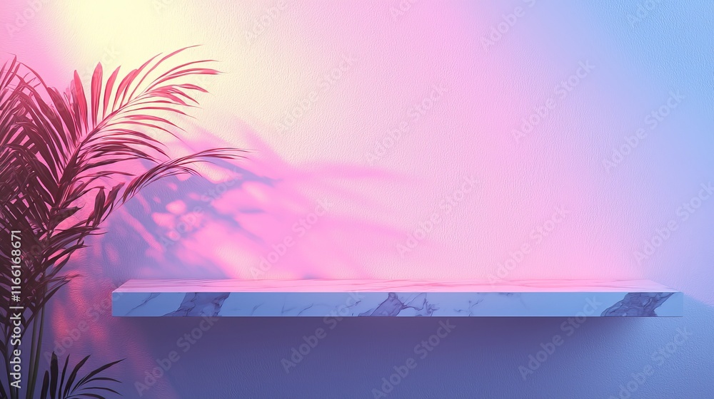 Poster modern shelf with colorful lighting and palm shadow against a gradient background creating a serene 