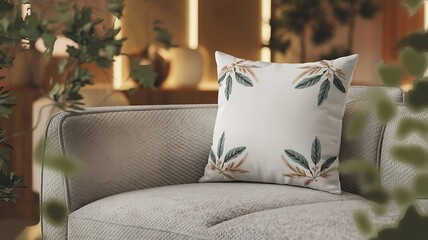 Blank White Pillow Mockup on Textured Sofa with Cozy Home Interior Background