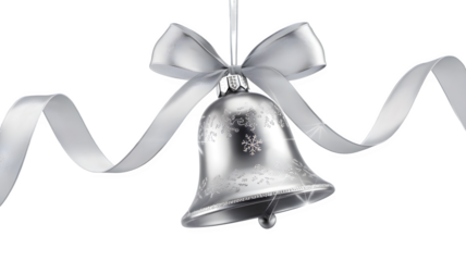 Christmas bells isolated on white background, silver Christmas bell with top hanging white wire, chiasma bell in silver