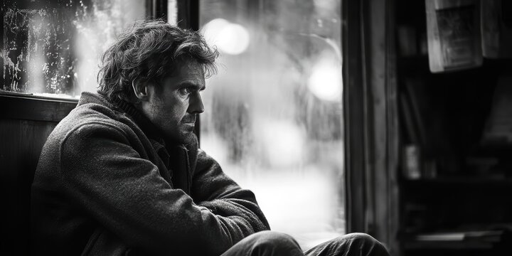 A thoughtful individual sits in deep contemplation by a window, with raindrops creating a serene atmosphere in a quiet, introspective setting