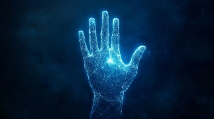Obraz premium Digital Representation of a Human Hand Illuminated by Glowing Blue Particles Against a Dark Background Showcasing Technology and Innovation