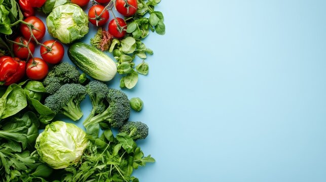 Freshly Harvested Vegetables Arranged Artistically on a Light Blue Background for Healthy Cooking Inspiration and Meal Preparation Ideas