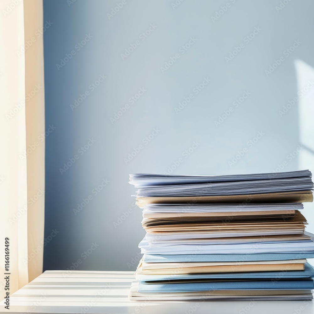 Poster stacked papers on a desk illuminated by soft sunlight with a calming blue background creating a peac