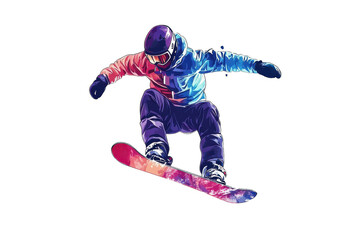 Snowboarder executing a mid-air trick above a colorful snowboard in a vibrant winter landscape