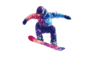 Snowboarder executing a mid-air trick above a colorful snowboard in a vibrant winter landscape
