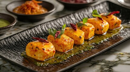 Tandoori paneer tikka on a black plate.