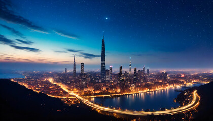 View of an illuminated futuristic city skyline with some tall buildings under a starry sky during the blue hour of twilight