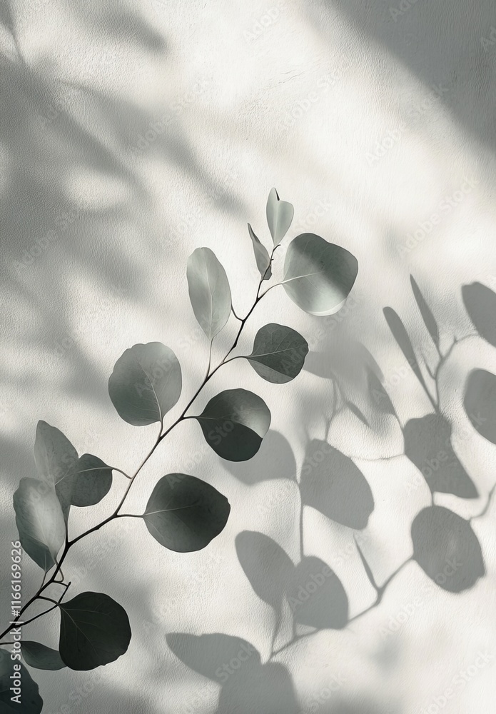 Poster elegant shadows of a leaf branch on a textured wall during daylight create an intricate play of ligh