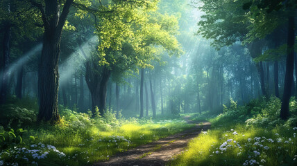 Obraz premium Magical Forest Path with Sunbeams Breaking Through Trees in Misty Morning Light Scene