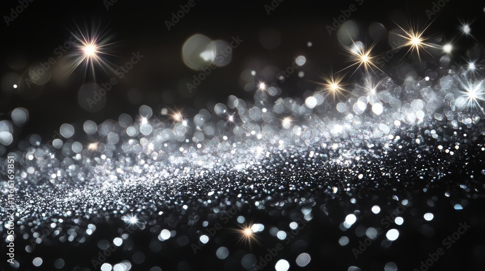 Poster shimmering silver particles create a mesmerizing display against a dark background, evoking a sense 