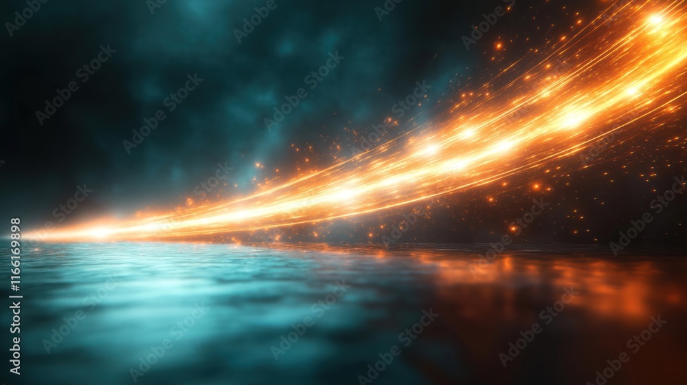 Poster focused light streams converge into pointed shape on dark surface. dynamic visual representation of 