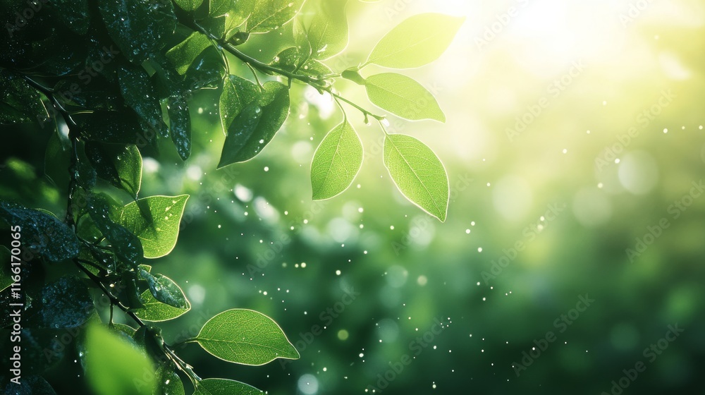 Poster sunlight filters through lush green leaves creating a serene and refreshing atmosphere in a vibrant 