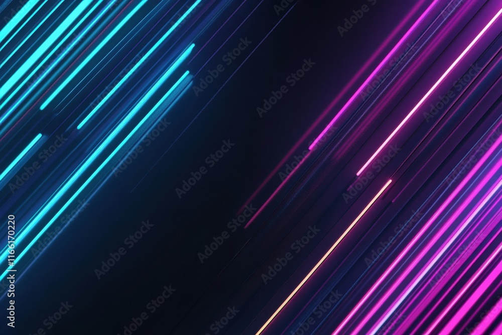 Fototapete Glowing neon lines create a vibrant abstract pattern on a dark background with striking colors and visual depth. Generative AI