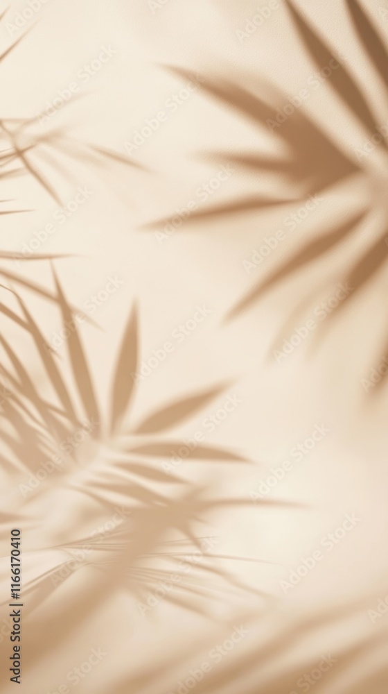 Poster shadows of palm leaves create an artistic pattern on a soft beige backdrop during daylight