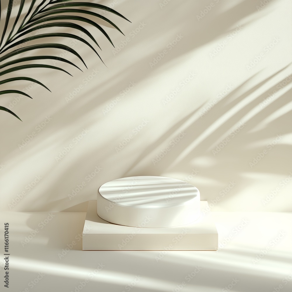 Poster modern display showcasing a minimalist design with a round pedestal and palm shadows in a bright int