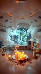 Cozy indoor space with fog and plants creating a tranquil atmosphere in the evening light