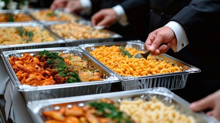 A lavish buffet spread showcasing a diverse selection of delicious pasta dishes with vibrant toppings elegantly served in silver chafing dishes at a formal event