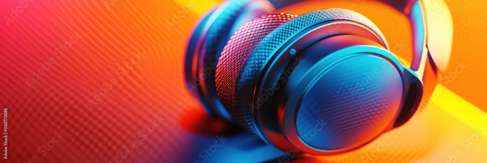 Poster Close up view of stylish headphones showcasing vibrant colors and intricate details against a textured backdrop. Generative AI