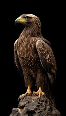 Obraz premium Majestic golden eagle perched on a rock against a black background.
