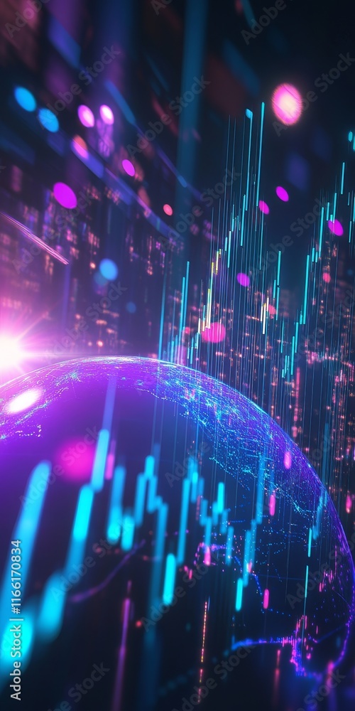 Poster visual representation of digital data visualization depicting a vibrant network of information and a