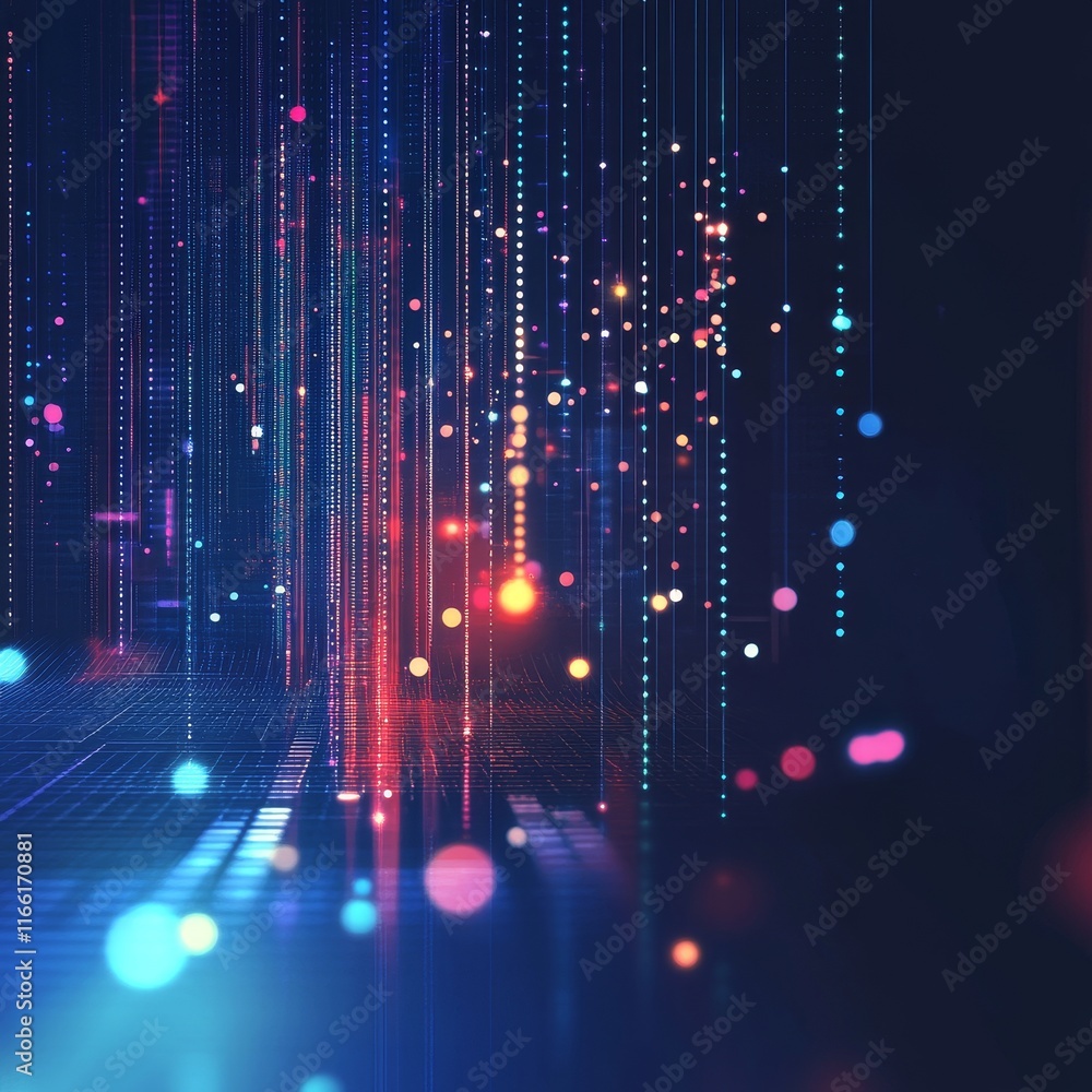 Aufkleber Colorful Digital Lights Create an Abstract Background With Shimmering Dots and Lines Flowing Vertically in a Dark Setting