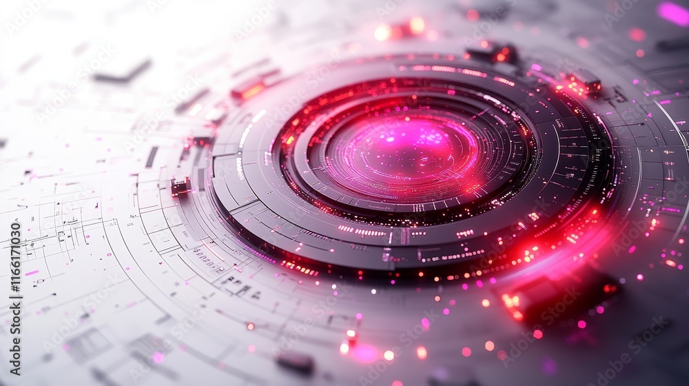 Poster digital abstract design featuring vibrant circular patterns and glowing particles in a futuristic se