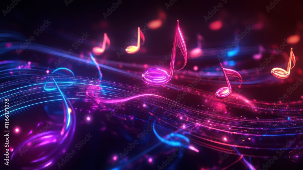 Fototapete vibrant 3d musical notes floating in a colorful abstract space with glowing trails and dynamic wave 
