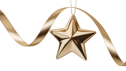 gold star on white background, Golden star on a white background with ribbon, festive golden star with ribbon on a white background