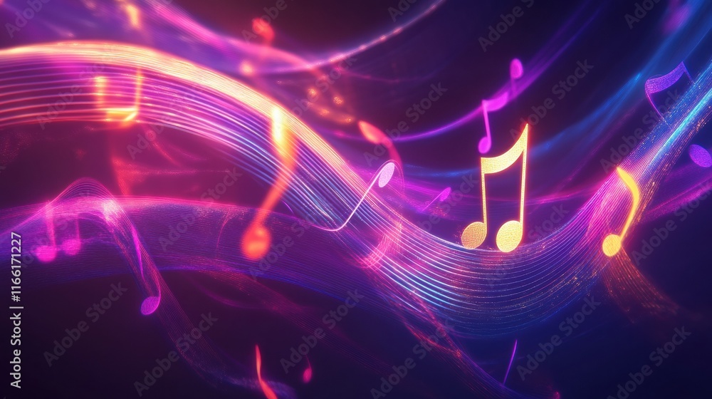 Poster flowing musical staff lines in vibrant neon tones create a dynamic visual experience in an abstract 