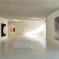 Modern Art Gallery Featuring Abstract Paintings and a Minimalistic Design With Ample Natural Light During the Afternoon
