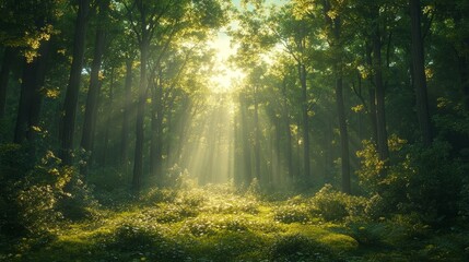Obraz premium Sunlight Filters Through a Dense Forest, Creating a Serene and Enchanting Atmosphere in the Heart of Nature During Early Morning Hours