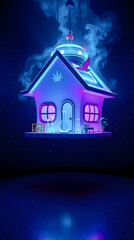Naklejka premium Colorful animated house with glowing details and smoke effects set in a starry night environment