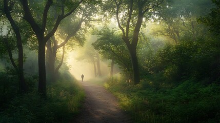Fototapeta premium Solitary figure walking a misty forest path at sunrise.