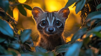 African Civet emerging from a dense bush at twilight in the jungle
