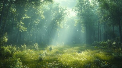 Fototapeta premium Sunlight Streaming Through Lush Trees Creates a Serene Atmosphere in a Vibrant Green Forest Clearing During the Early Morning Hours