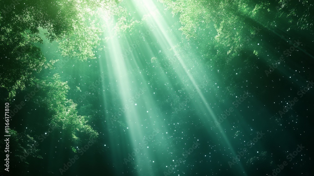 Poster sunlight streams through a dense forest canopy creating a serene atmosphere with floating particles 