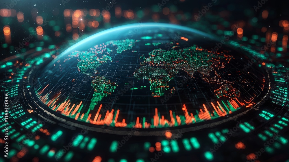 Poster visual representation of a digital globe with intricate data patterns highlighting global connectivi