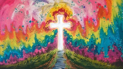A vibrant painting of a cross surrounded by colorful, swirling flames, symbolizing passion and spirituality.