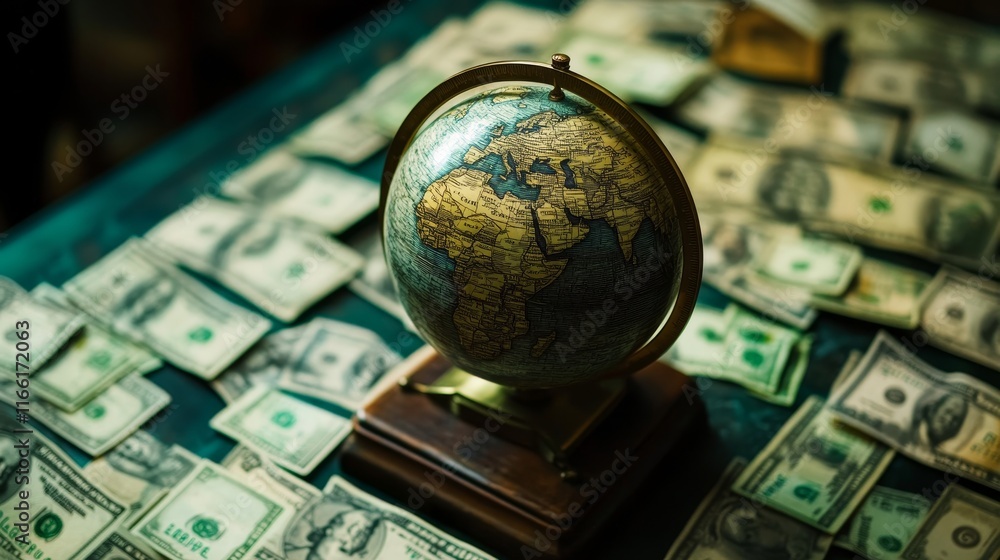 Poster globe placed on table surrounded by stacks of money illustrating the connection between geography an