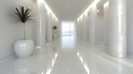 A gracefully designed modern hallway with large potted plants, pristine white walls, glossy marble flooring, and a bright view leading towards a luminous window