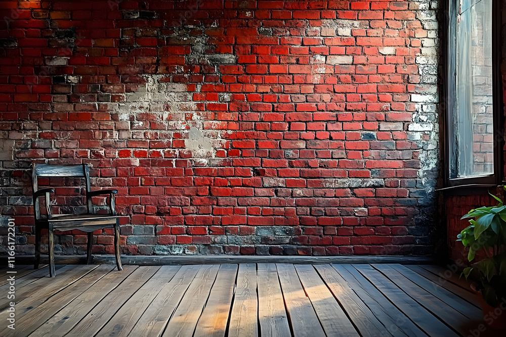 Poster stock photo features a rustic background with a red brick wall texture and a wooden floor, creating 