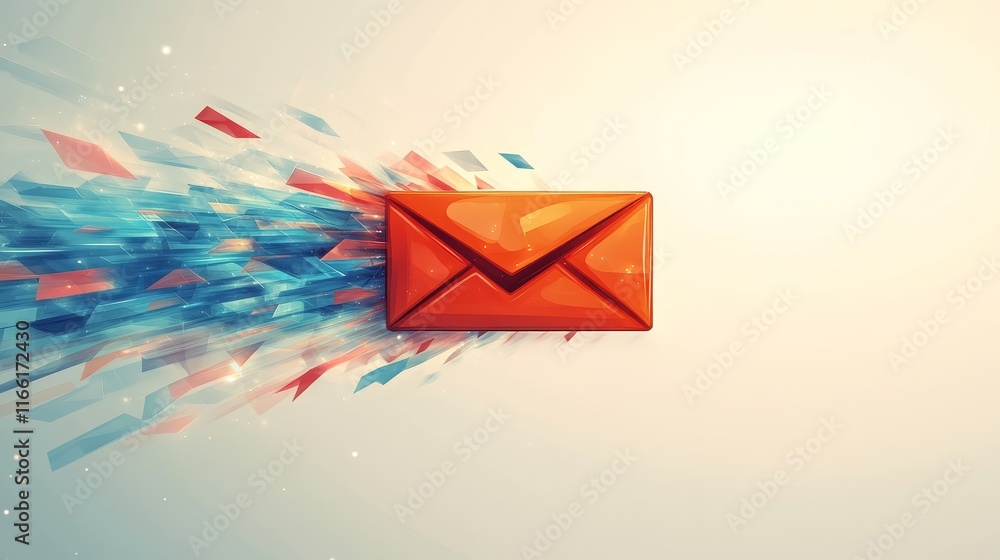 Poster bright orange envelope speeding through colorful digital particles representing fast communication a