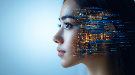 A depiction of a woman's profile merging with glowing circuitry and data streams, blending human features with AI elements. The soft blue background highlights intricate orange and blue designs.