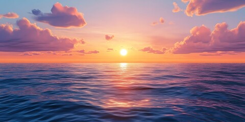 Obraz premium Stunning Sunset Over Calm Ocean Waters With Vibrant Sky and Gentle Waves at Dusk